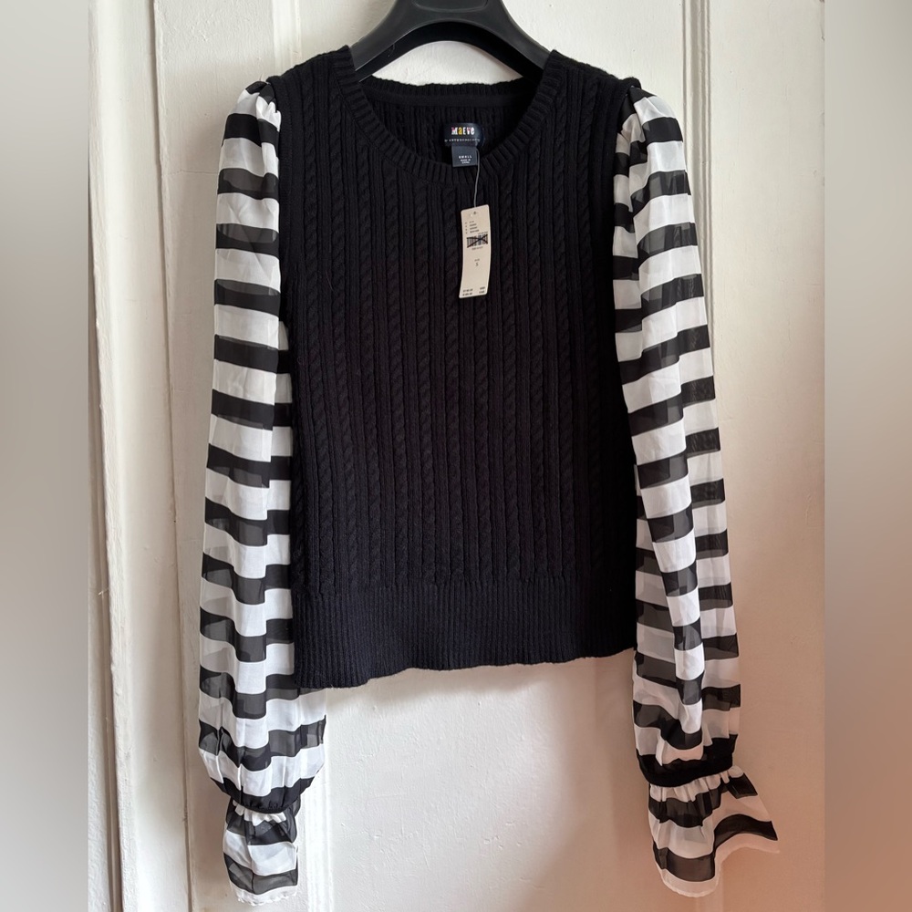 Anthropologie Black Cable Knit Top with Striped Sleeves